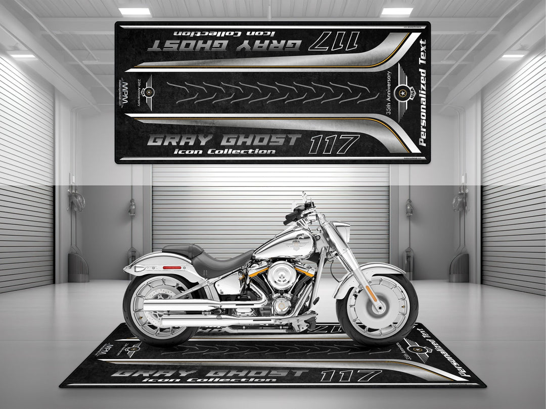 Harley Fat Boy Gray Ghost 117 park matı; pist hazırlığı ve motor teşhir halısı
