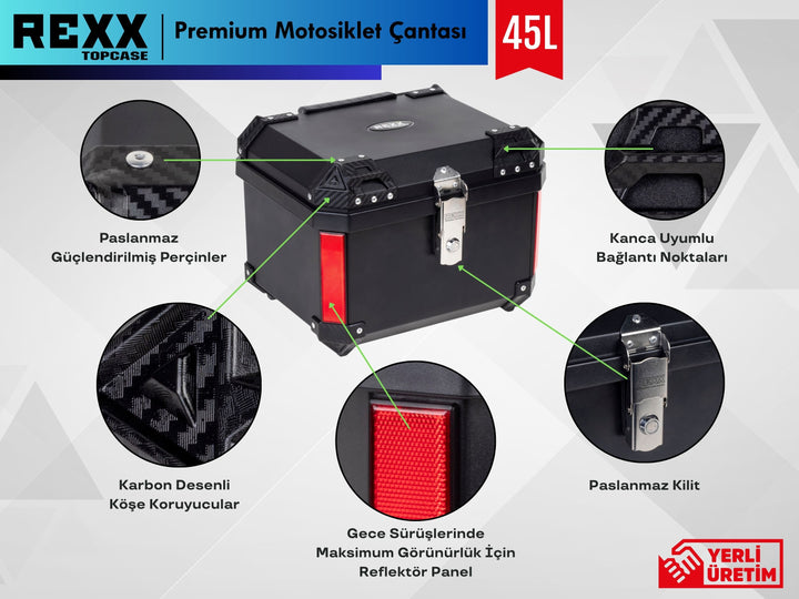 Rexx Topcase Premium 45 LT kare motosiklet çantası, paslanmaz kilit, reflektör panel ve karbon görünümlü köşe korumalı motosiklet bagajı.

