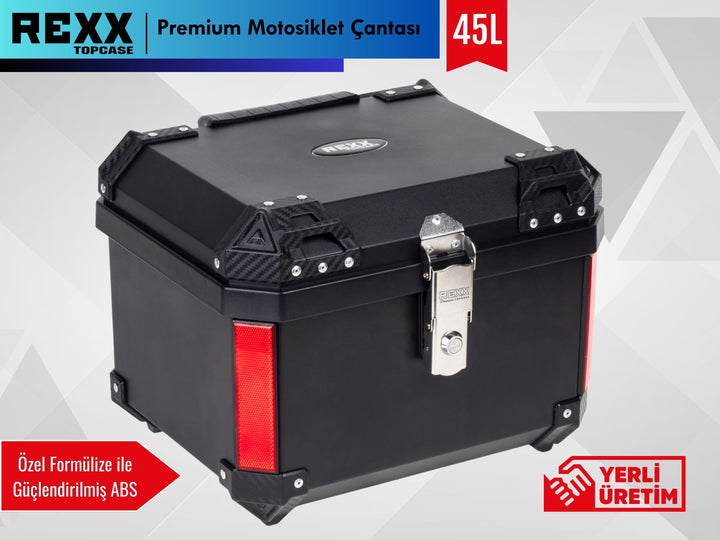 MPM Rexx Topcase Premium 45 LT kare motosiklet çantası, reflektörlü ve dayanıklı motosiklet aksesuarı.

