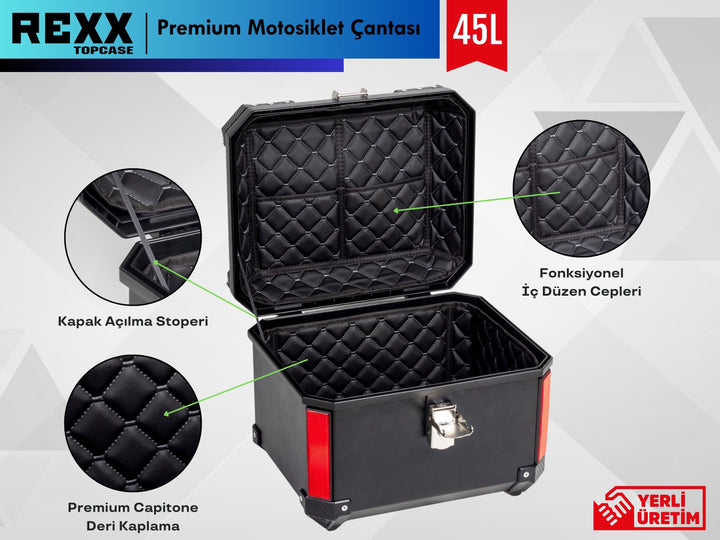 Rexx Topcase Premium 45 LT kare motosiklet çantası, iç kaplamalı düzen sağlayan motosiklet bagajı.
