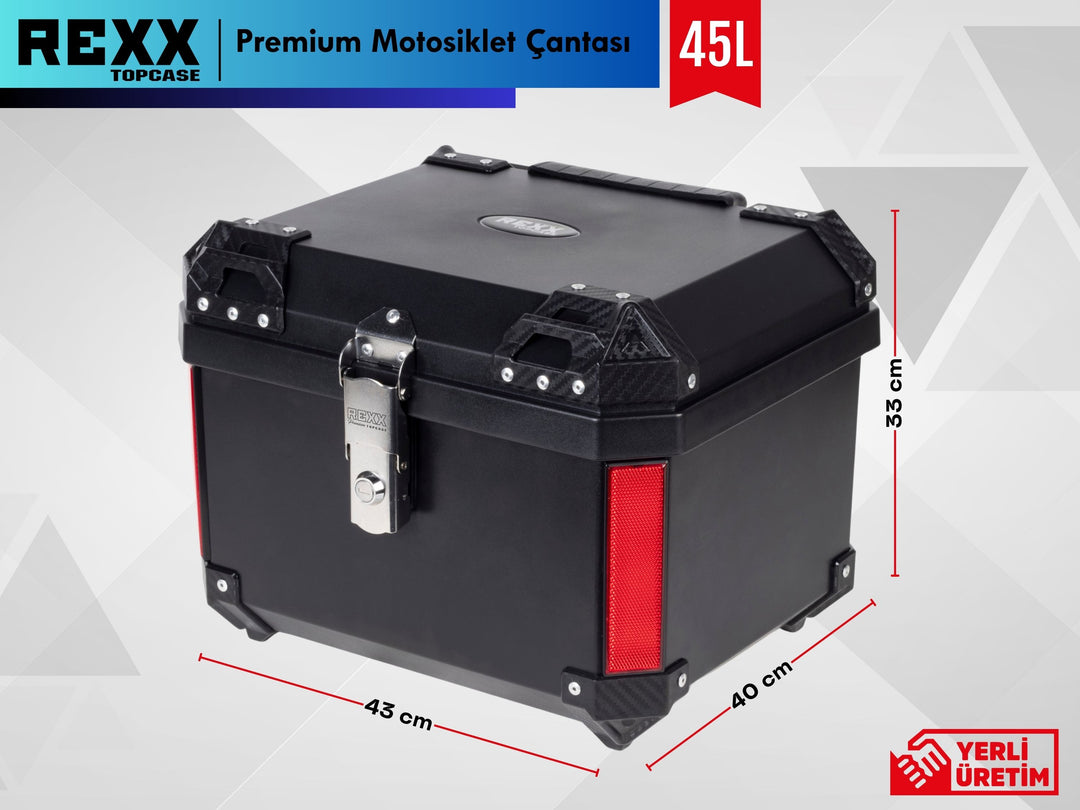 Rexx Topcase Premium 45 LT kare motosiklet çantası, kompakt ölçüleriyle kullanışlı motosiklet bagajı.
