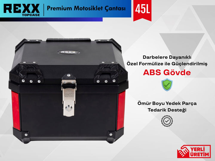 Rexx Topcase Premium 45 LT kare arka motosiklet çantası, güçlendirilmiş ABS gövdesiyle sağlam motosiklet bagajı.
