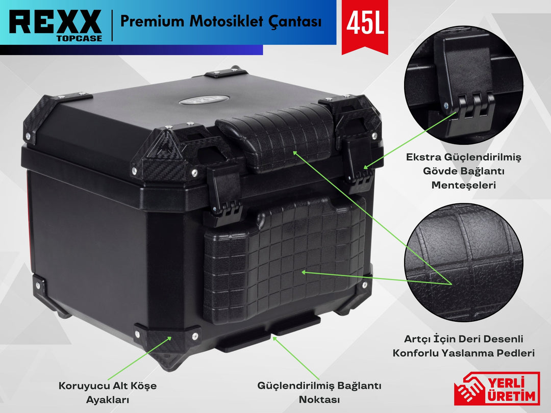 Rexx Topcase Premium 45 LT kare motosiklet çantası, konforlu yaslanma pedi ile motosiklet bagajı.