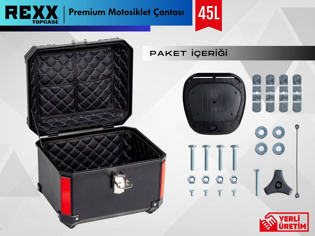 Rexx Topcase Premium 45 LT kare motosiklet çantası, montaj setiyle kolay kurulumlu motosiklet bagajı.

