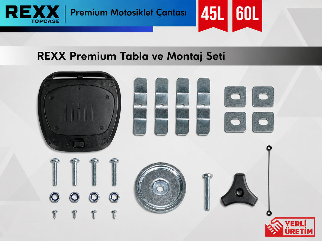 REXX Premium 45L ve 60L motosiklet topcase tabla ve montaj seti yedek parça içeriği, metal bağlantı aparatları ve montaj ekipmanları